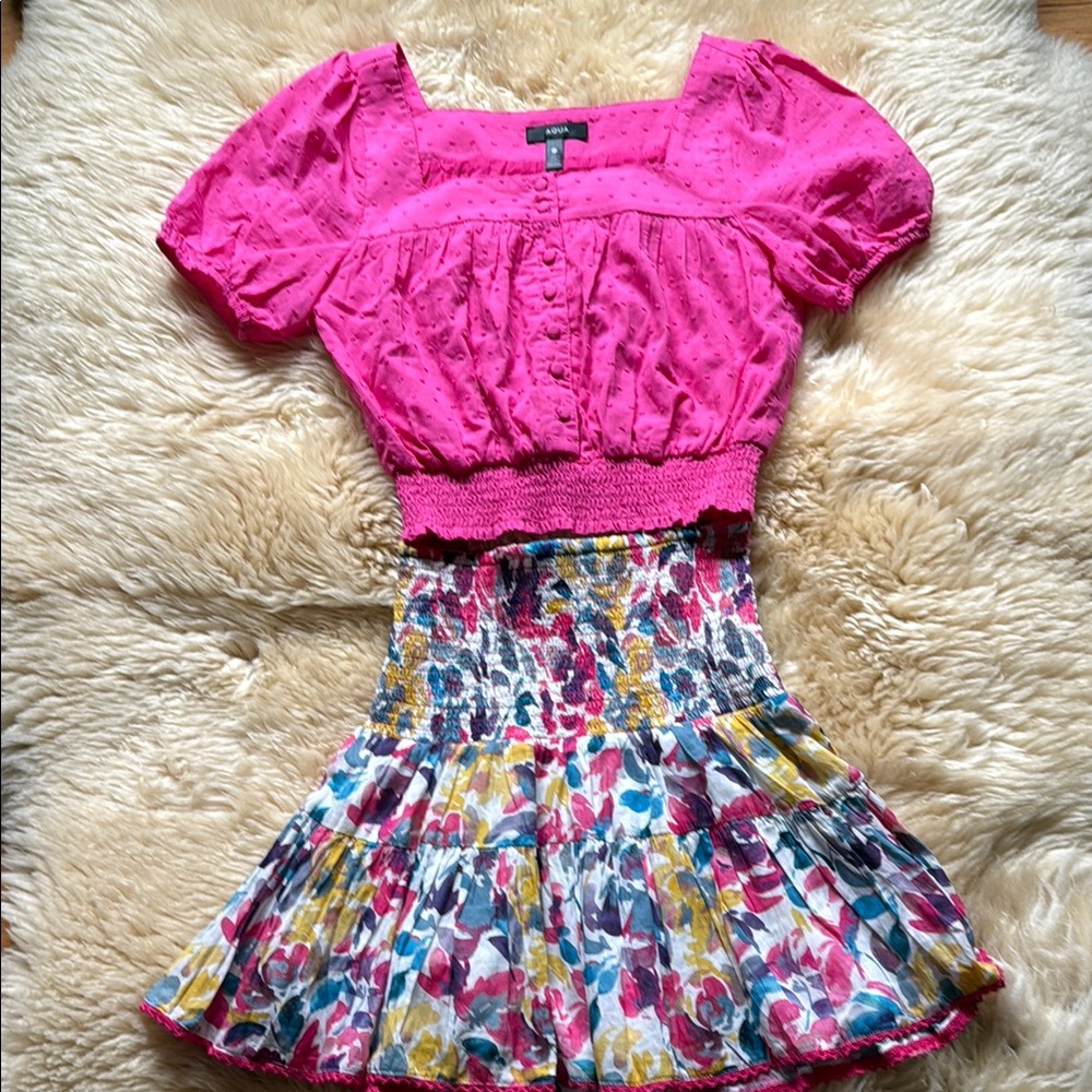 Aqua Pink and Multicolor Smocked Set